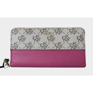New DKNY Boxed Bryant Large Zip Around Continental Wallet Khaki / Neon Pink